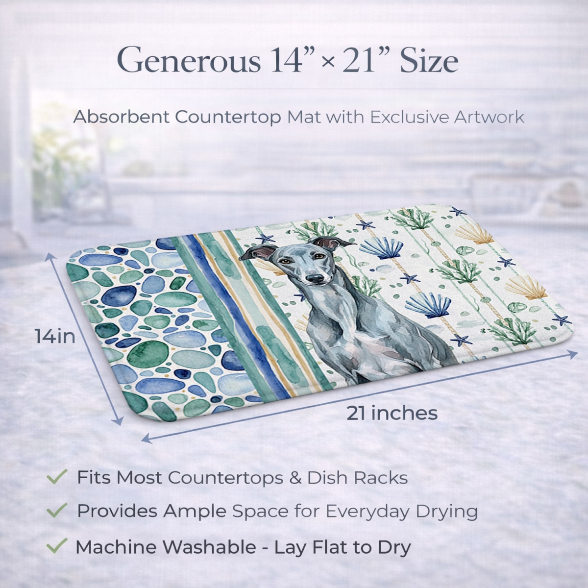 Picture of Carolines Treasures WDK7062DDM 21 x 14 in. Blue Brindle Greyhound Coastal Sea Glass Dish Drying Mat
