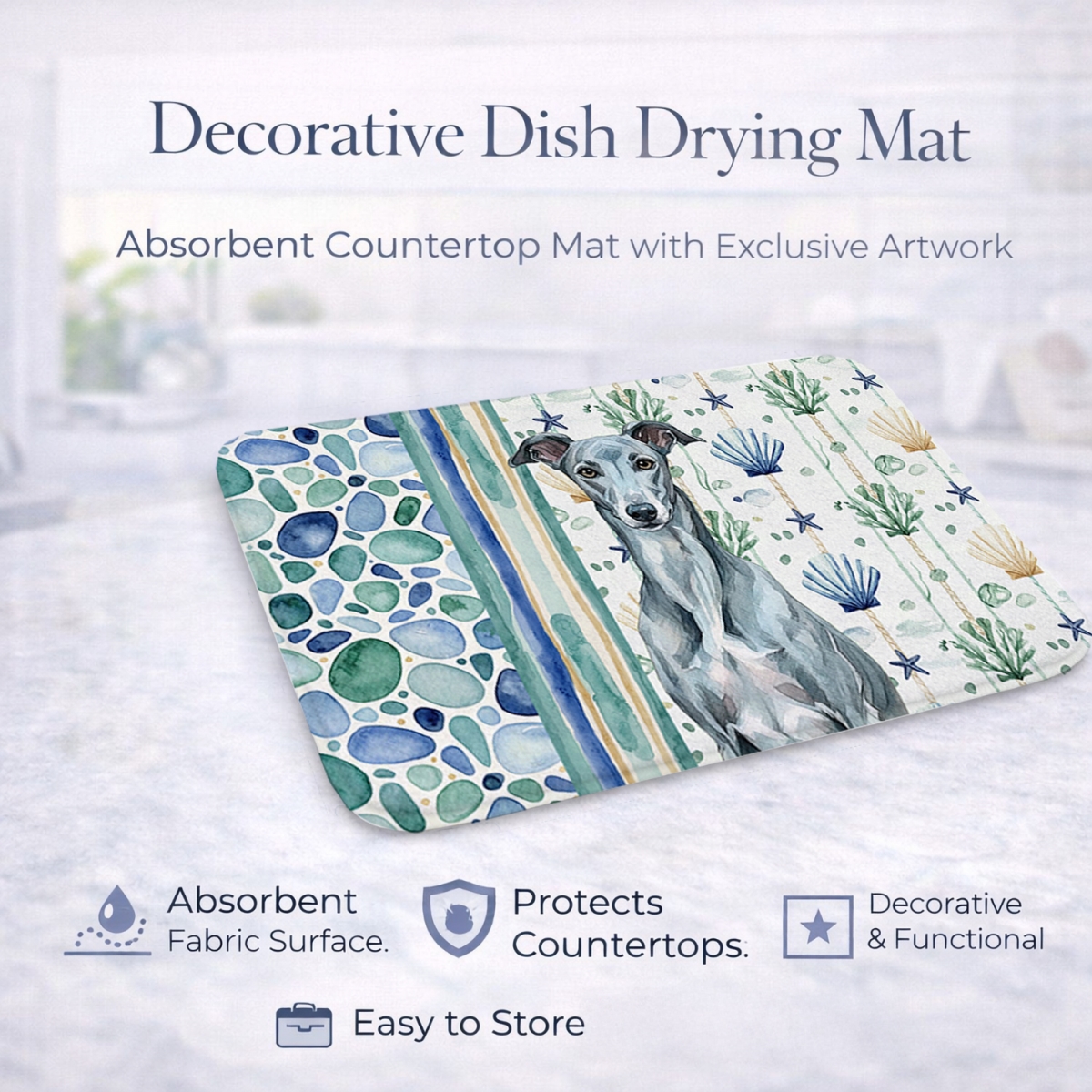 Picture of Carolines Treasures WDK7062DDM 21 x 14 in. Blue Brindle Greyhound Coastal Sea Glass Dish Drying Mat