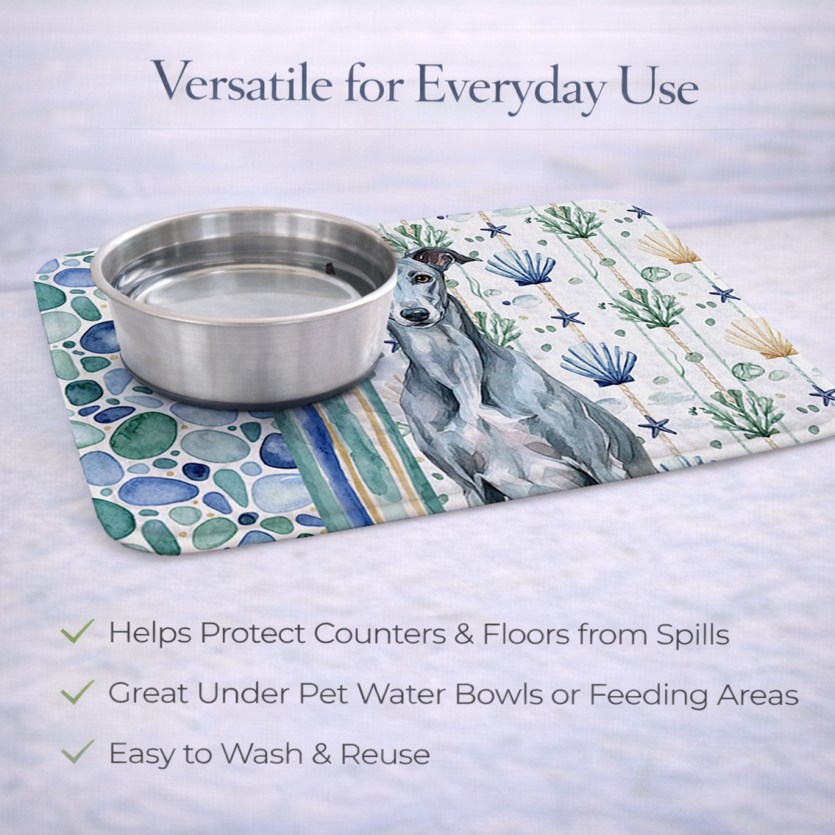 Picture of Carolines Treasures WDK7062DDM 21 x 14 in. Blue Brindle Greyhound Coastal Sea Glass Dish Drying Mat