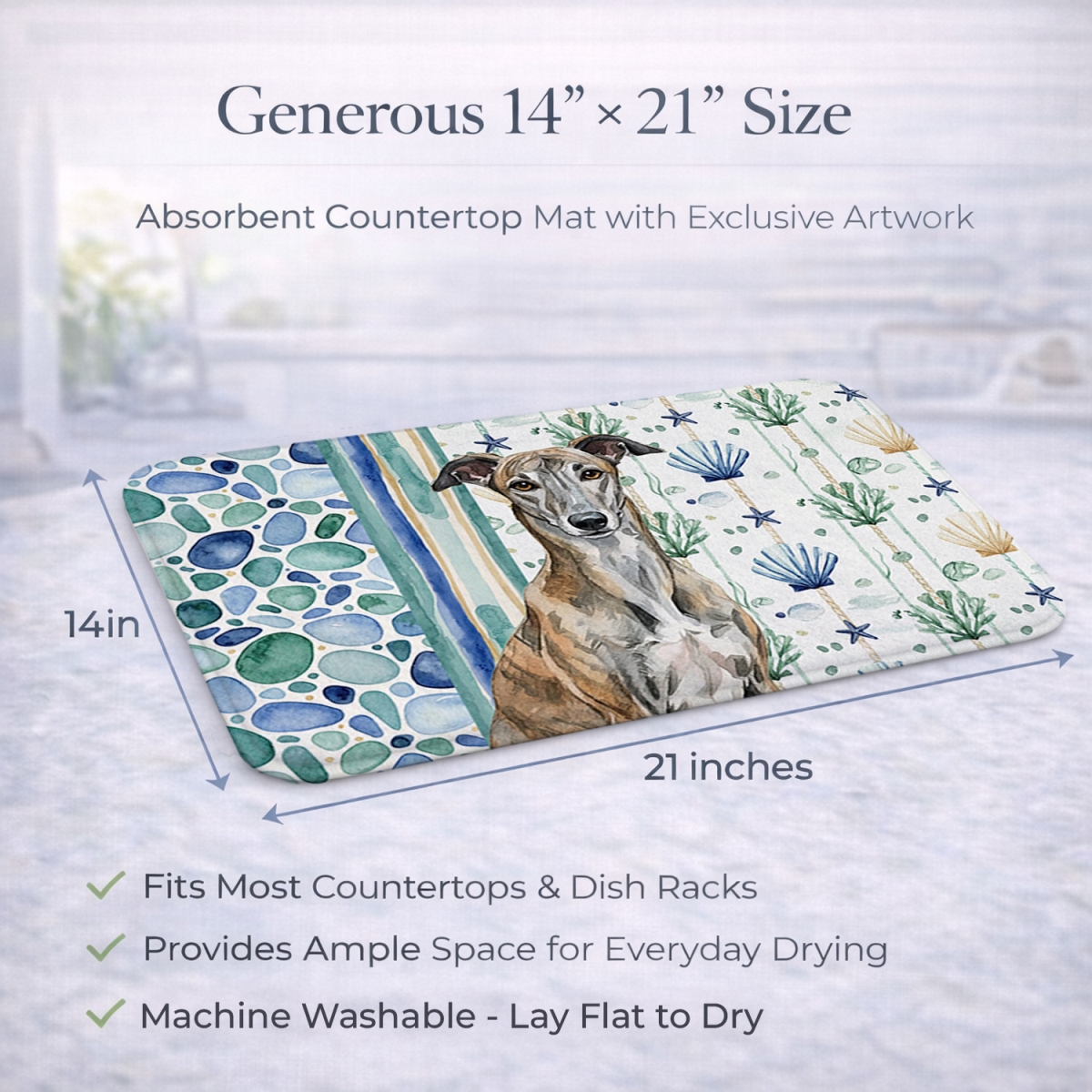 Picture of Carolines Treasures WDK7063DDM 21 x 14 in. Brindle Greyhound Coastal Sea Glass Dish Drying Mat