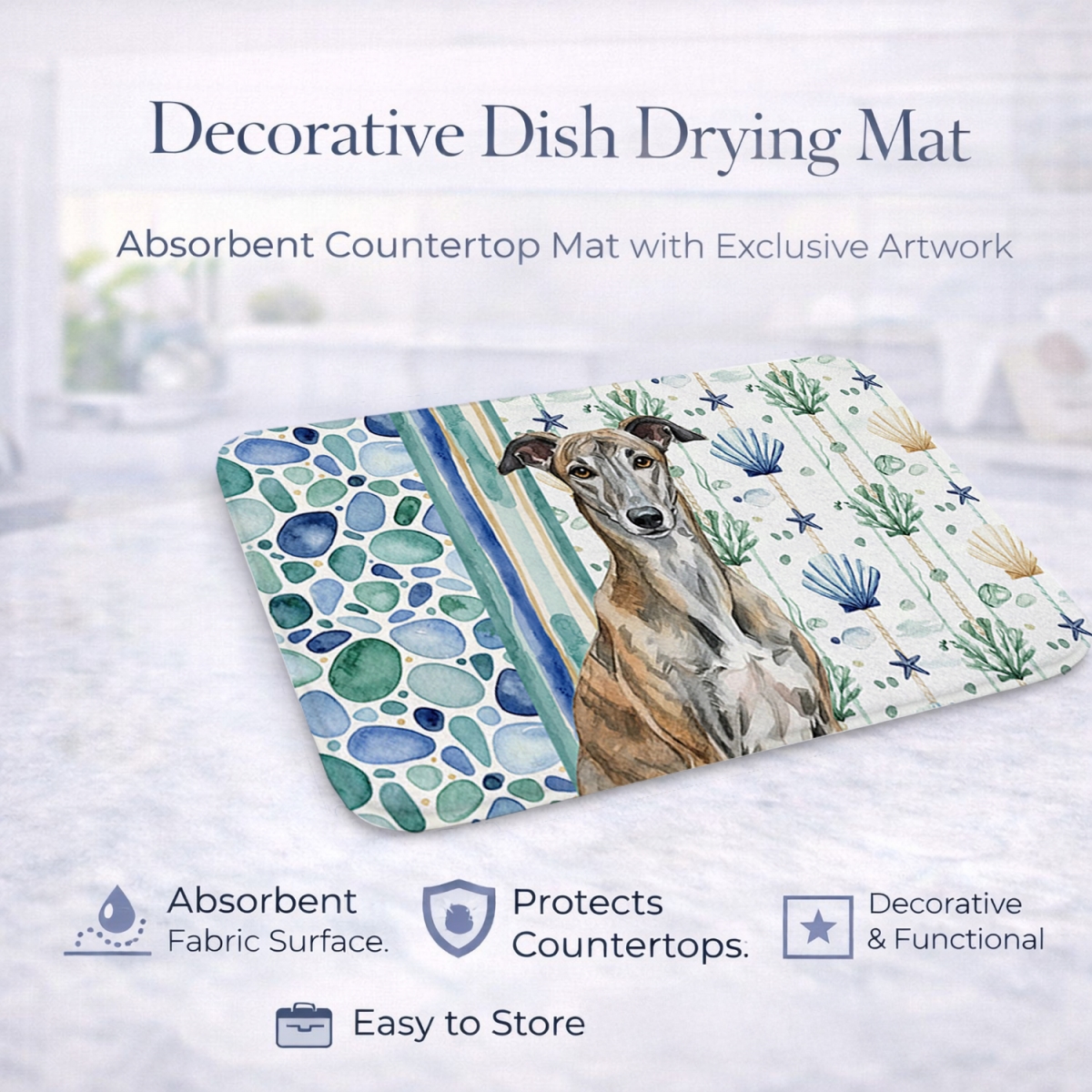 Picture of Carolines Treasures WDK7063DDM 21 x 14 in. Brindle Greyhound Coastal Sea Glass Dish Drying Mat