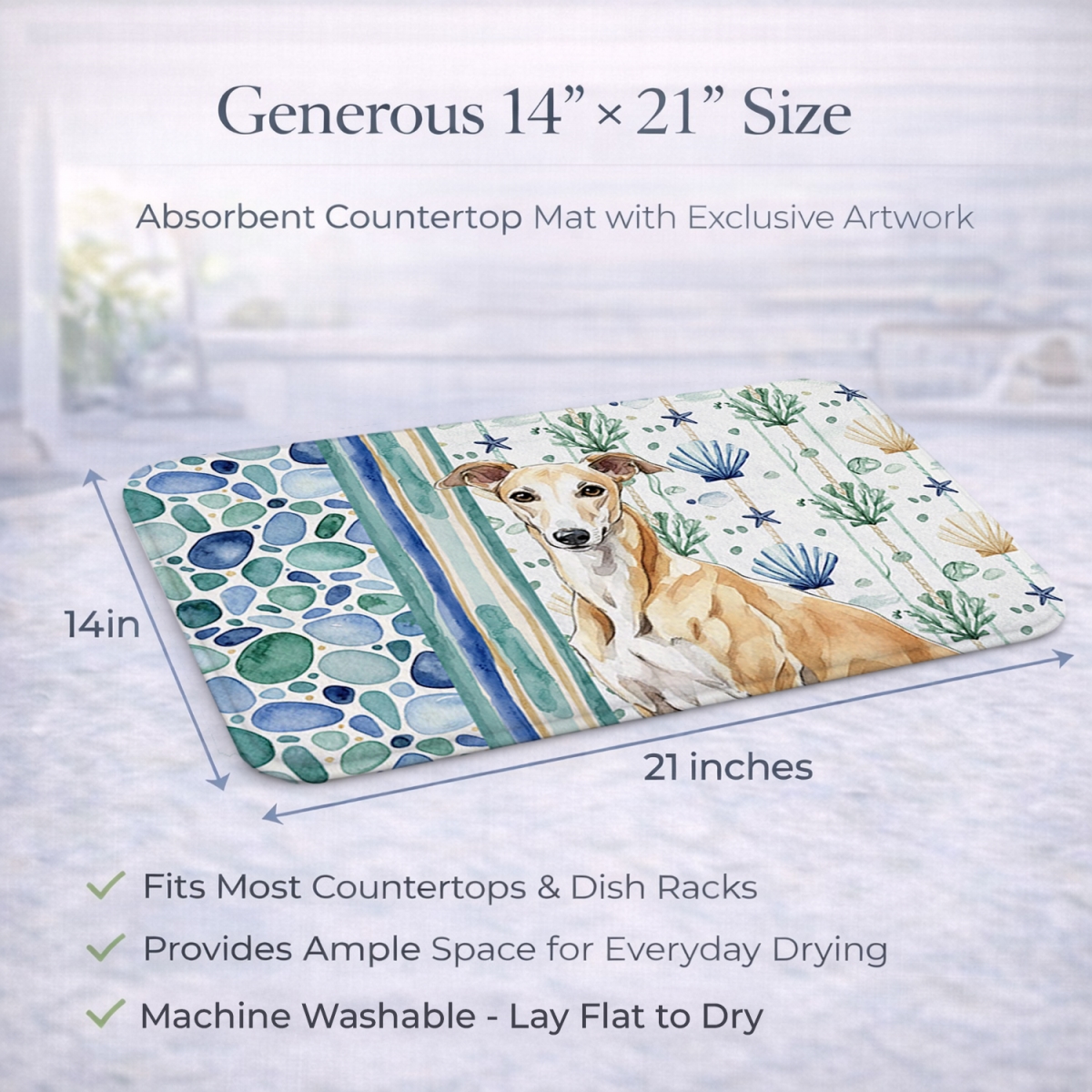 Picture of Carolines Treasures WDK7064DDM 21 x 14 in. Fawn Greyhound Coastal Sea Glass Dish Drying Mat