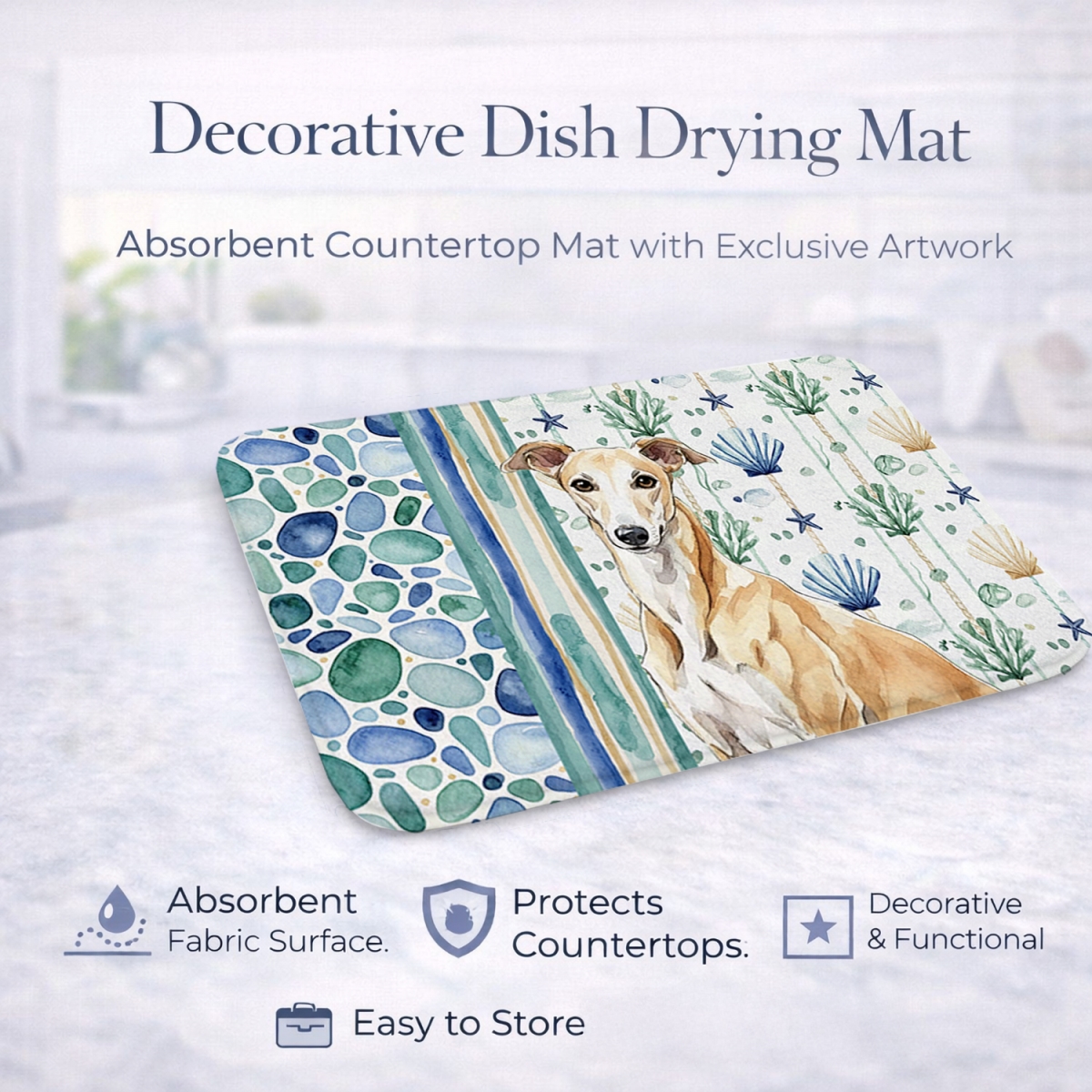 Picture of Carolines Treasures WDK7064DDM 21 x 14 in. Fawn Greyhound Coastal Sea Glass Dish Drying Mat