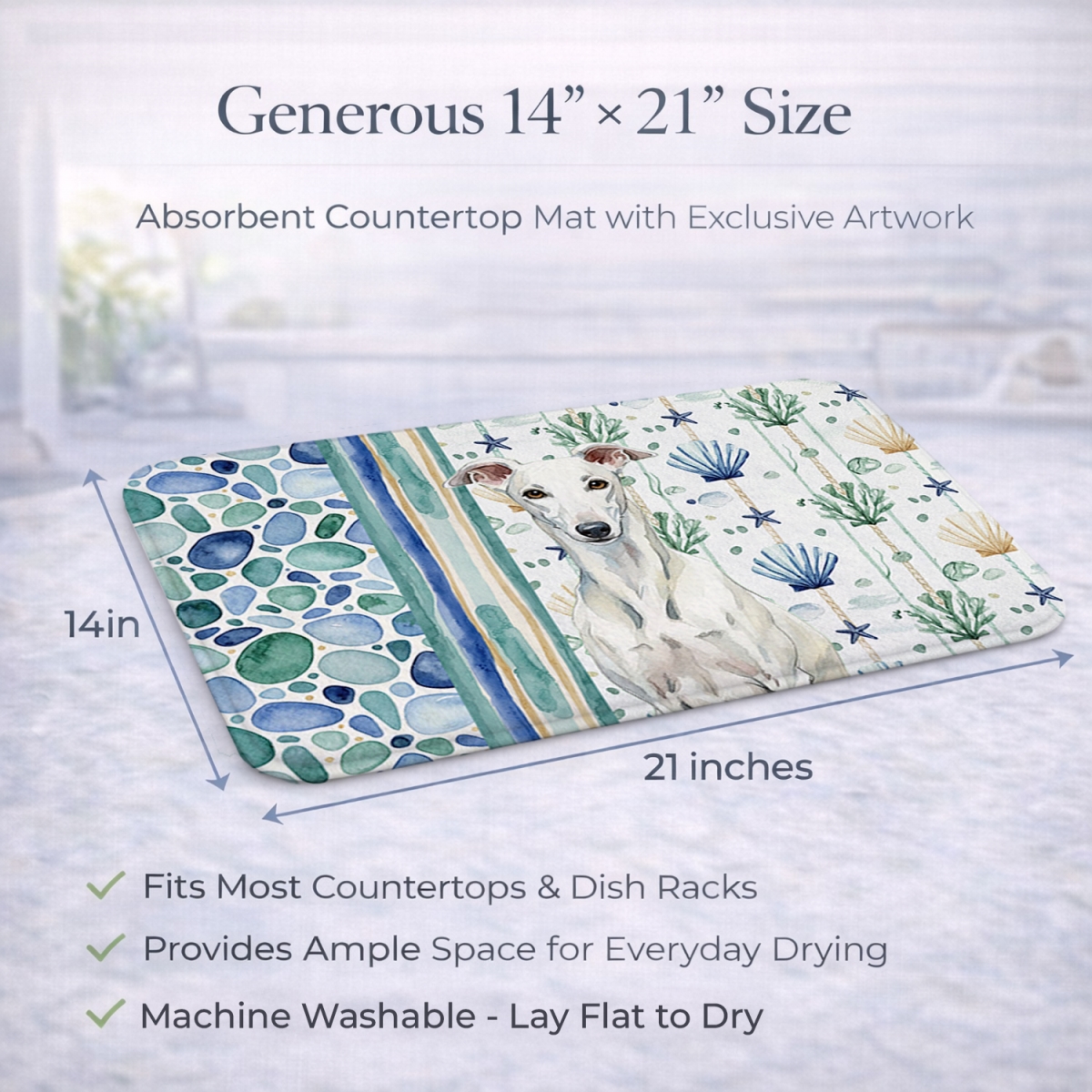 Picture of Carolines Treasures WDK7066DDM 21 x 14 in. White Greyhound Coastal Sea Glass Dish Drying Mat