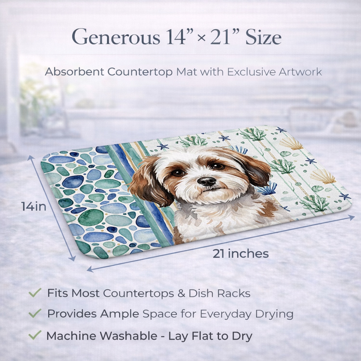 Picture of Carolines Treasures WDK7068DDM 21 x 14 in. Parti-Color Havanese Coastal Sea Glass Dish Drying Mat
