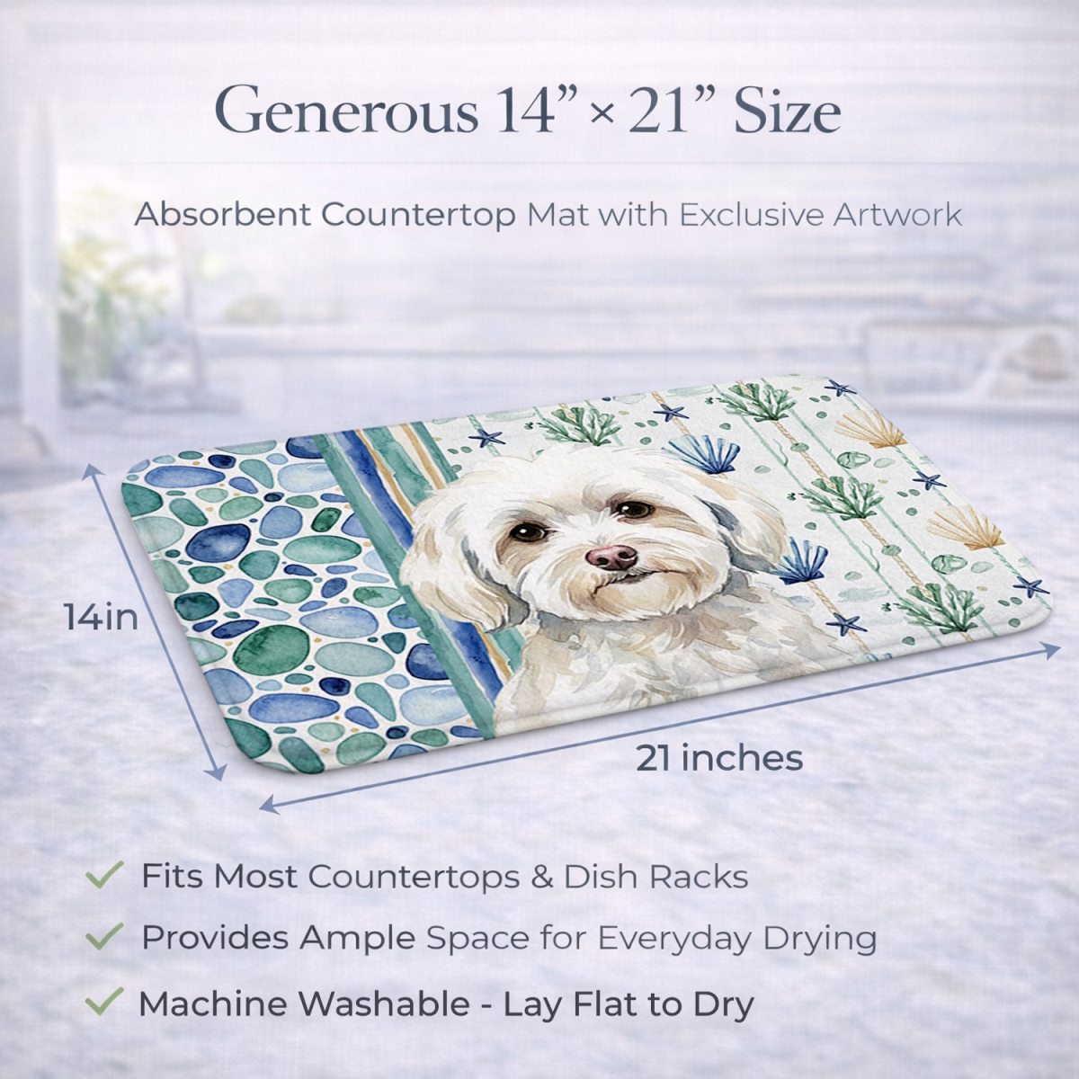 Picture of Carolines Treasures WDK7070DDM 21 x 14 in. White Havanese Coastal Sea Glass Dish Drying Mat