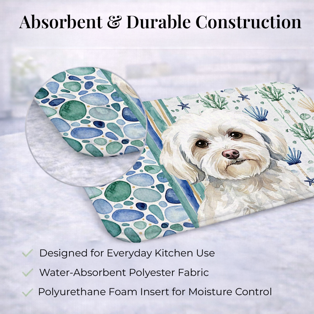 Picture of Carolines Treasures WDK7070DDM 21 x 14 in. White Havanese Coastal Sea Glass Dish Drying Mat