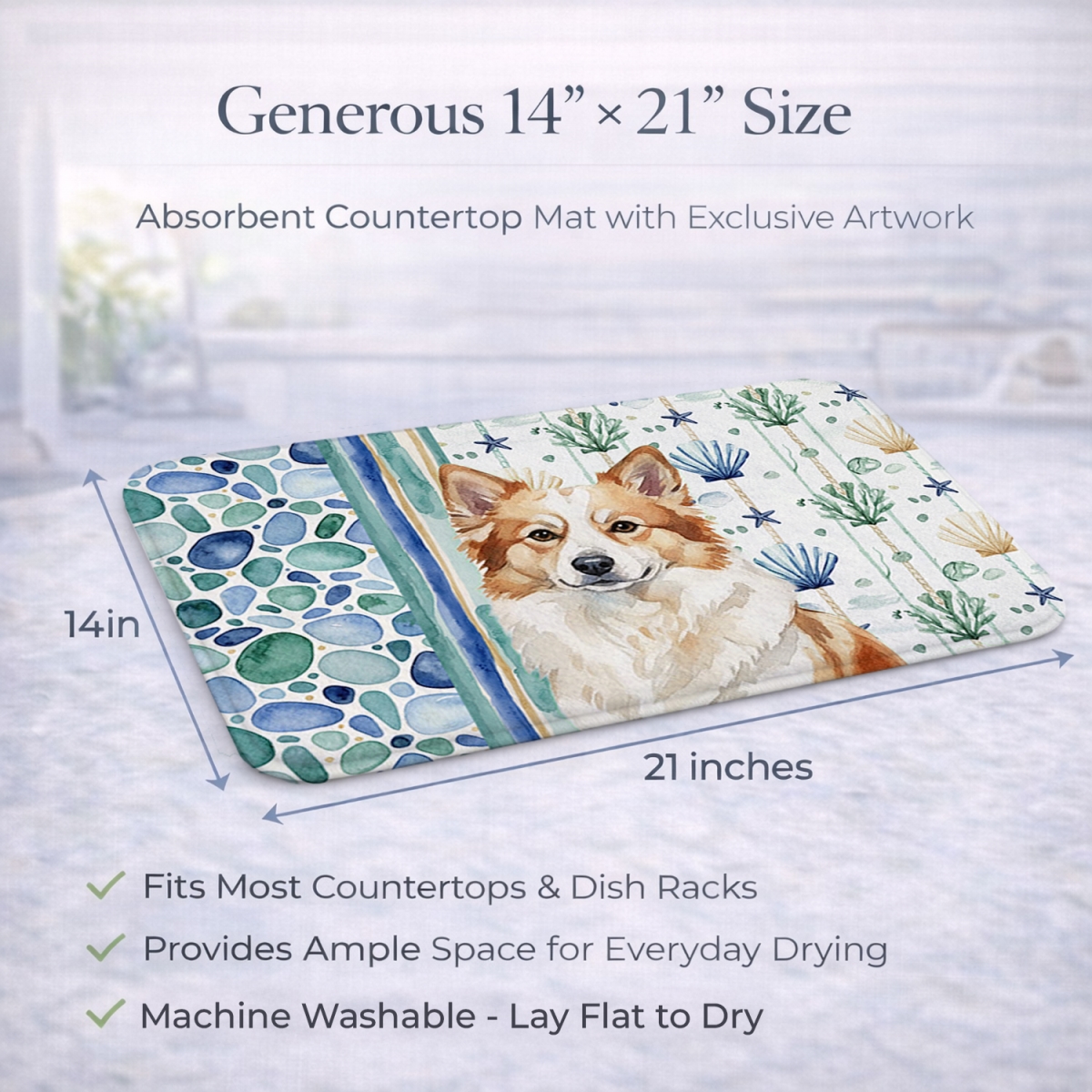 Picture of Carolines Treasures WDK7071DDM 21 x 14 in. Tan Icelandic Sheepdog Coastal Sea Glass Dish Drying Mat