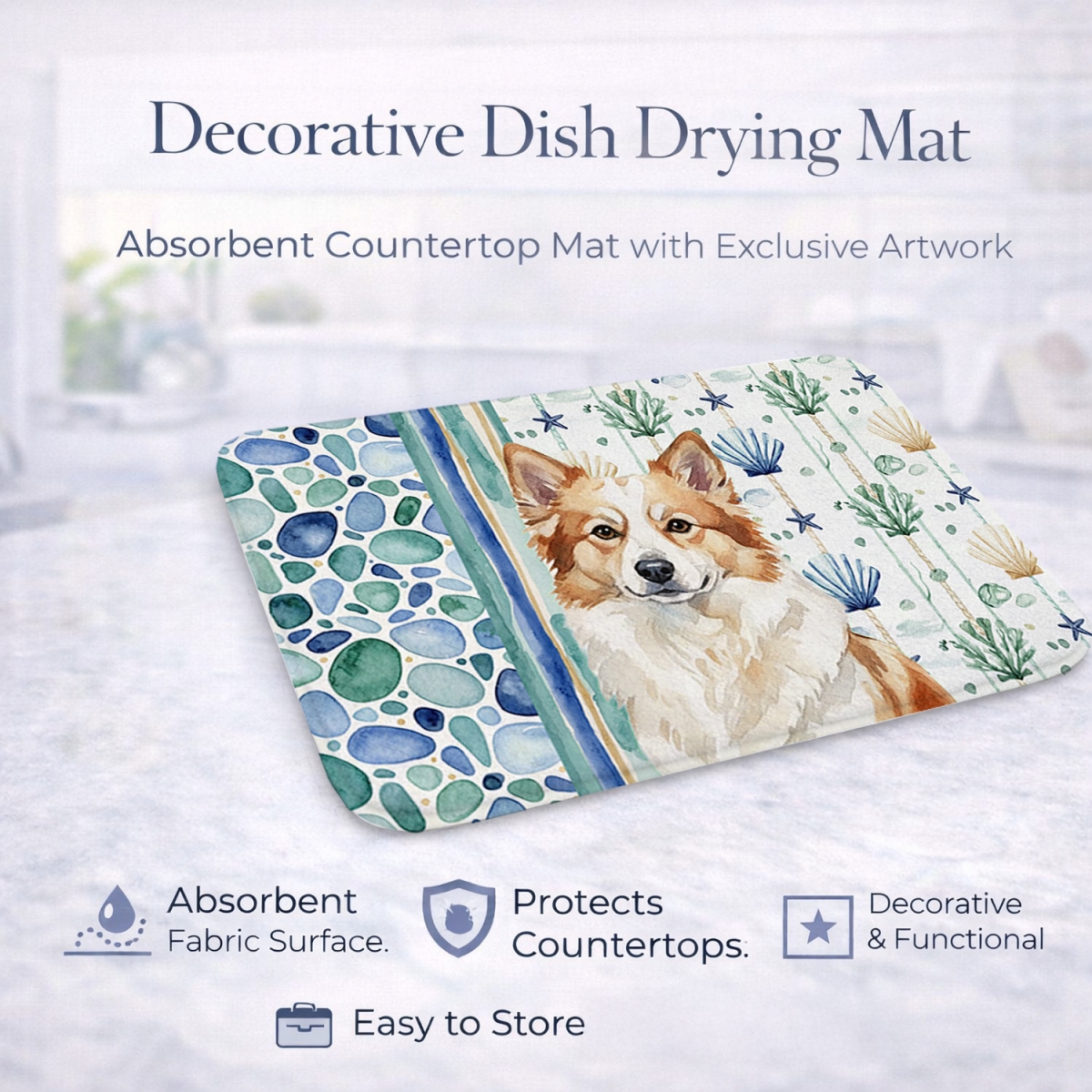 Picture of Carolines Treasures WDK7071DDM 21 x 14 in. Tan Icelandic Sheepdog Coastal Sea Glass Dish Drying Mat