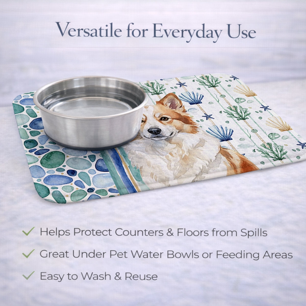 Picture of Carolines Treasures WDK7071DDM 21 x 14 in. Tan Icelandic Sheepdog Coastal Sea Glass Dish Drying Mat
