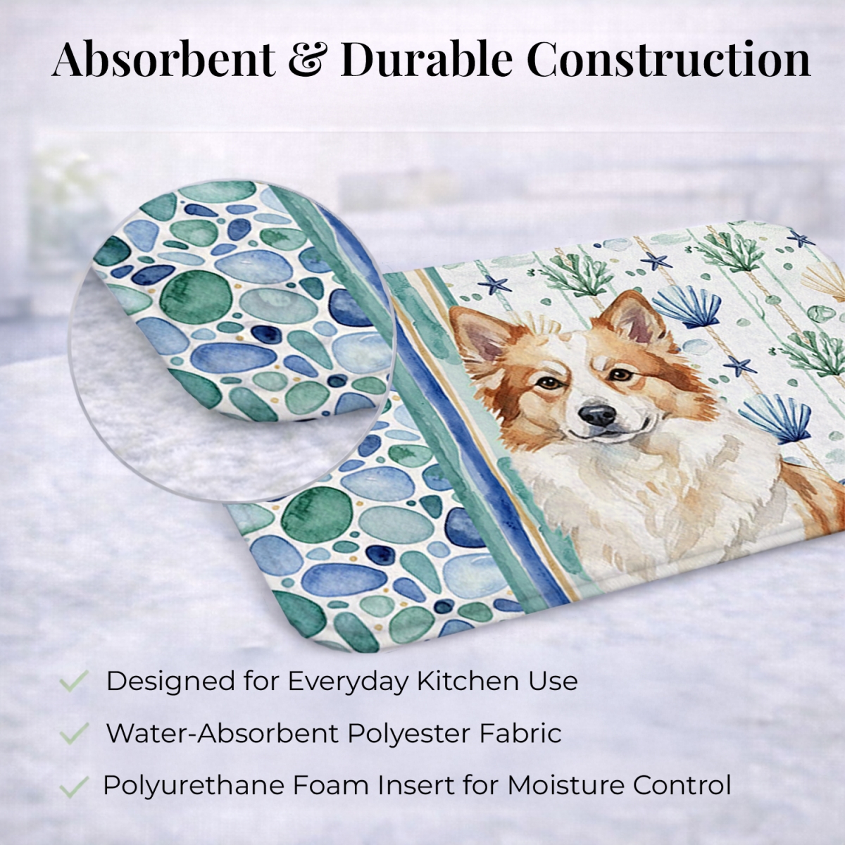 Picture of Carolines Treasures WDK7071DDM 21 x 14 in. Tan Icelandic Sheepdog Coastal Sea Glass Dish Drying Mat