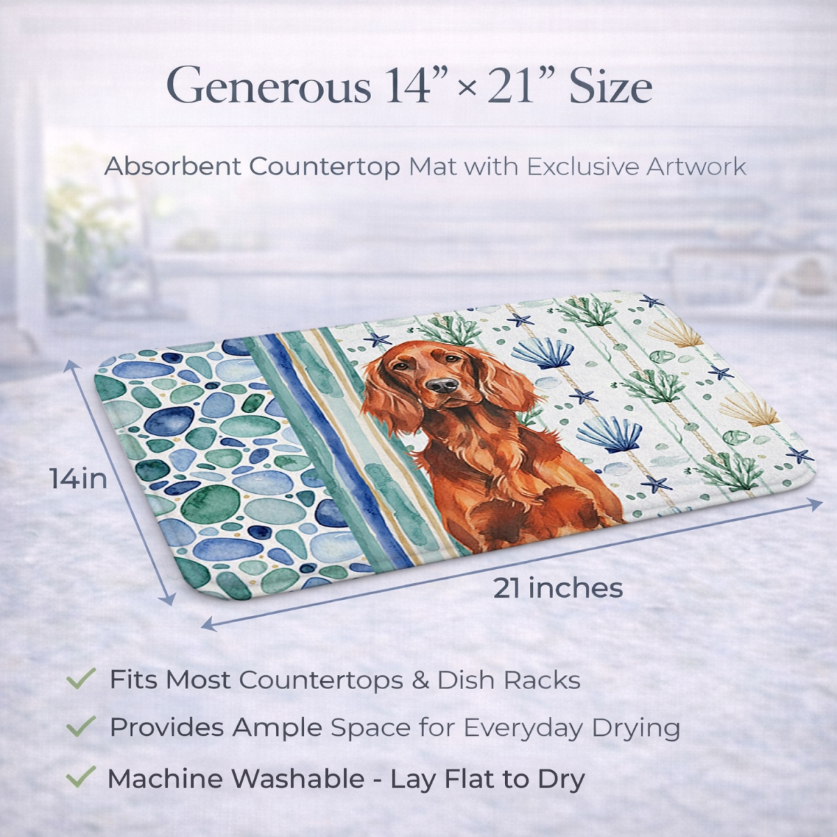 Picture of Carolines Treasures WDK7072DDM 21 x 14 in. Irish Setter Coastal Sea Glass Dish Drying Mat