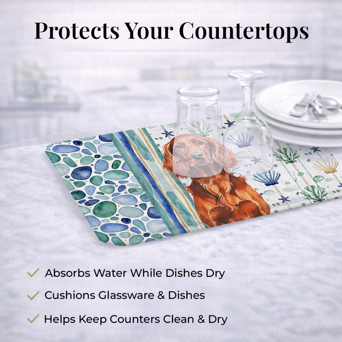 Picture of Carolines Treasures WDK7072DDM 21 x 14 in. Irish Setter Coastal Sea Glass Dish Drying Mat