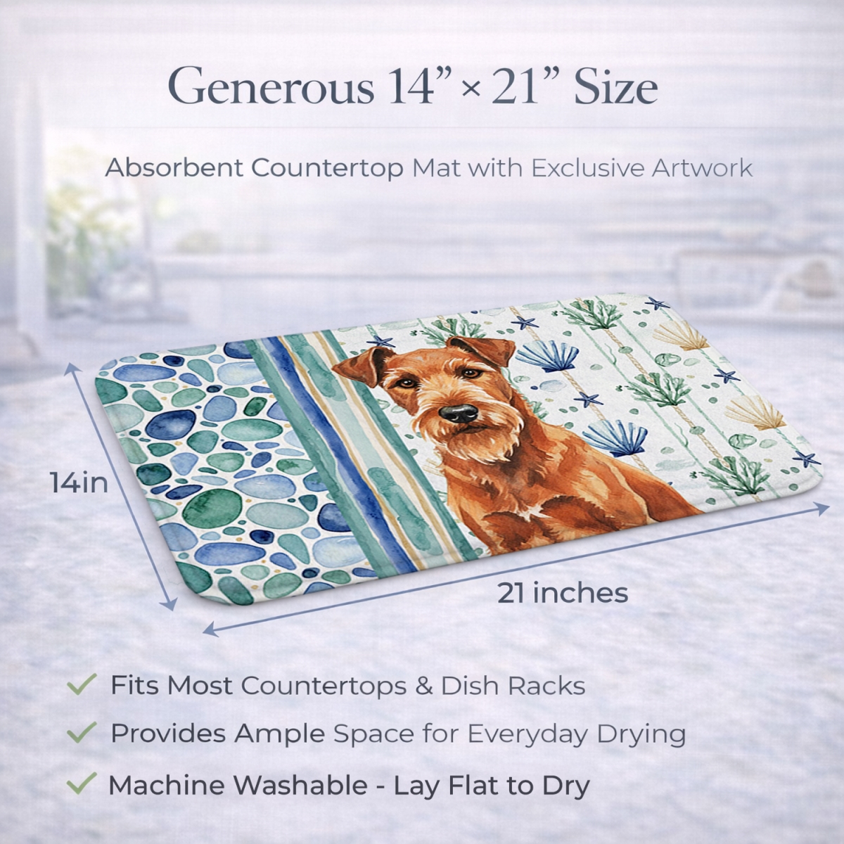 Picture of Carolines Treasures WDK7073DDM 21 x 14 in. Irish Terrier Coastal Sea Glass Dish Drying Mat
