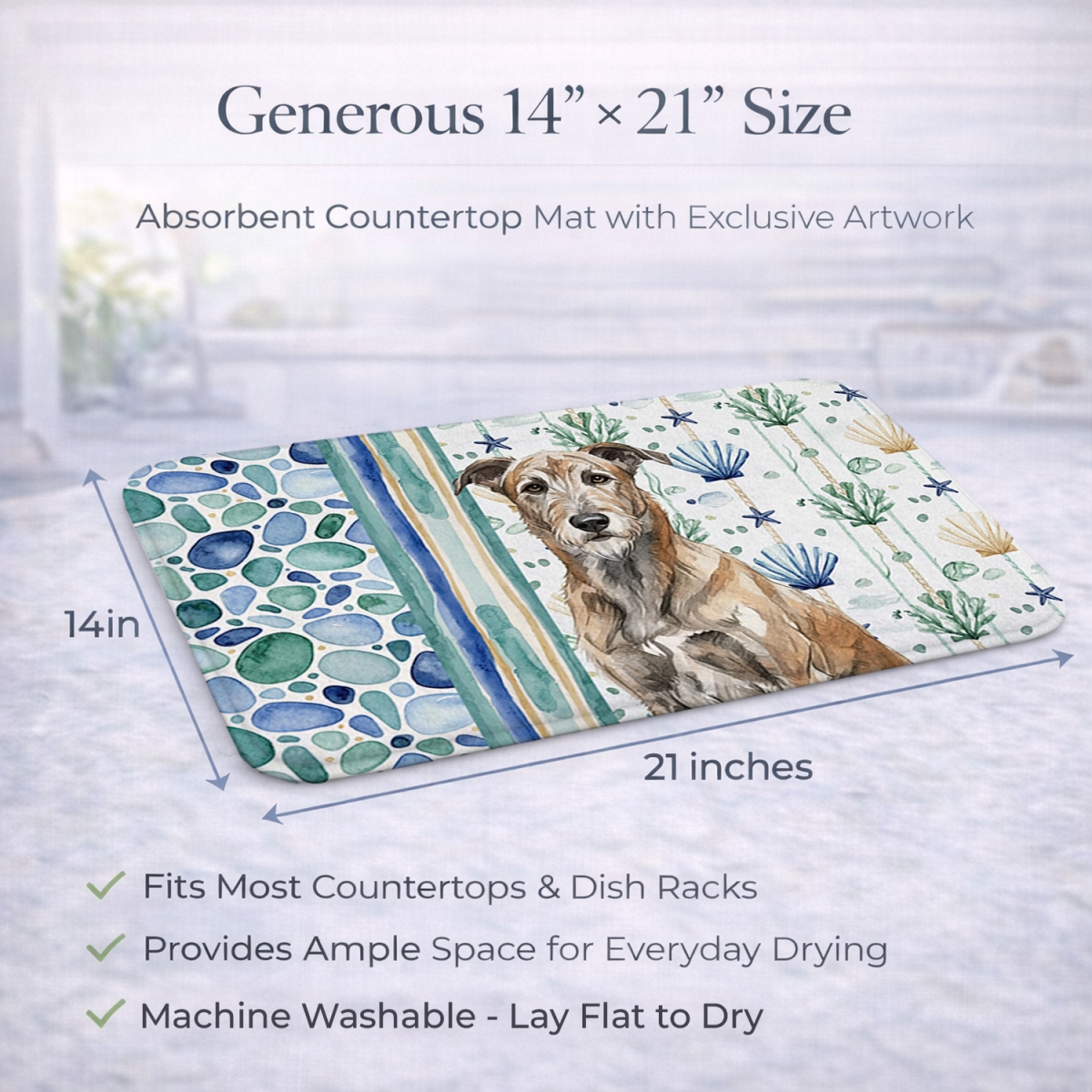 Picture of Carolines Treasures WDK7074DDM 21 x 14 in. Brindle Irish Wolfhound Coastal Sea Glass Dish Drying Mat