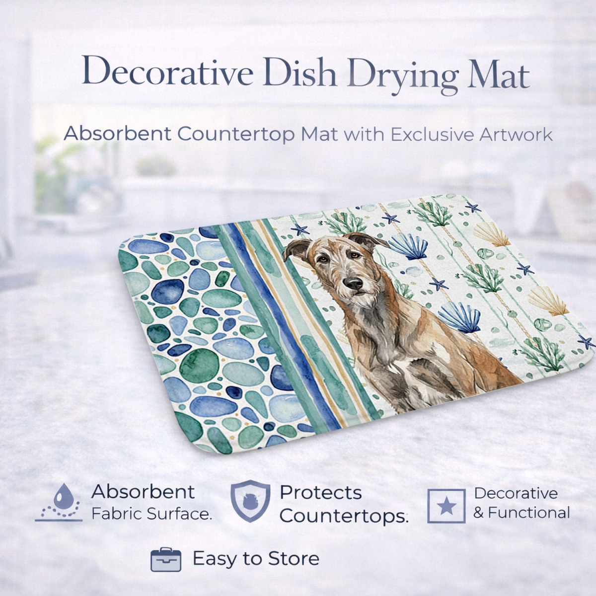 Picture of Carolines Treasures WDK7074DDM 21 x 14 in. Brindle Irish Wolfhound Coastal Sea Glass Dish Drying Mat