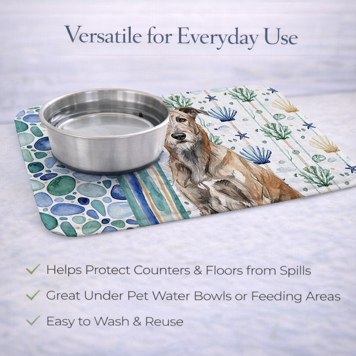 Picture of Carolines Treasures WDK7074DDM 21 x 14 in. Brindle Irish Wolfhound Coastal Sea Glass Dish Drying Mat