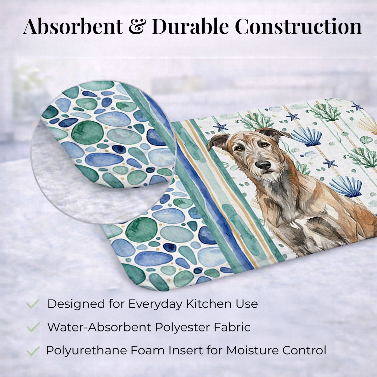 Picture of Carolines Treasures WDK7074DDM 21 x 14 in. Brindle Irish Wolfhound Coastal Sea Glass Dish Drying Mat