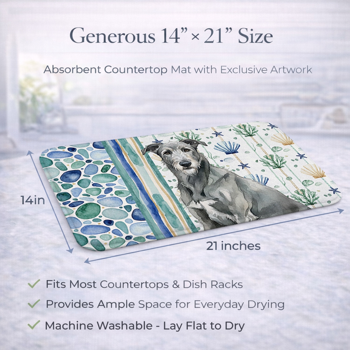 Picture of Carolines Treasures WDK7075DDM 21 x 14 in. Gray Irish Wolfhound Coastal Sea Glass Dish Drying Mat