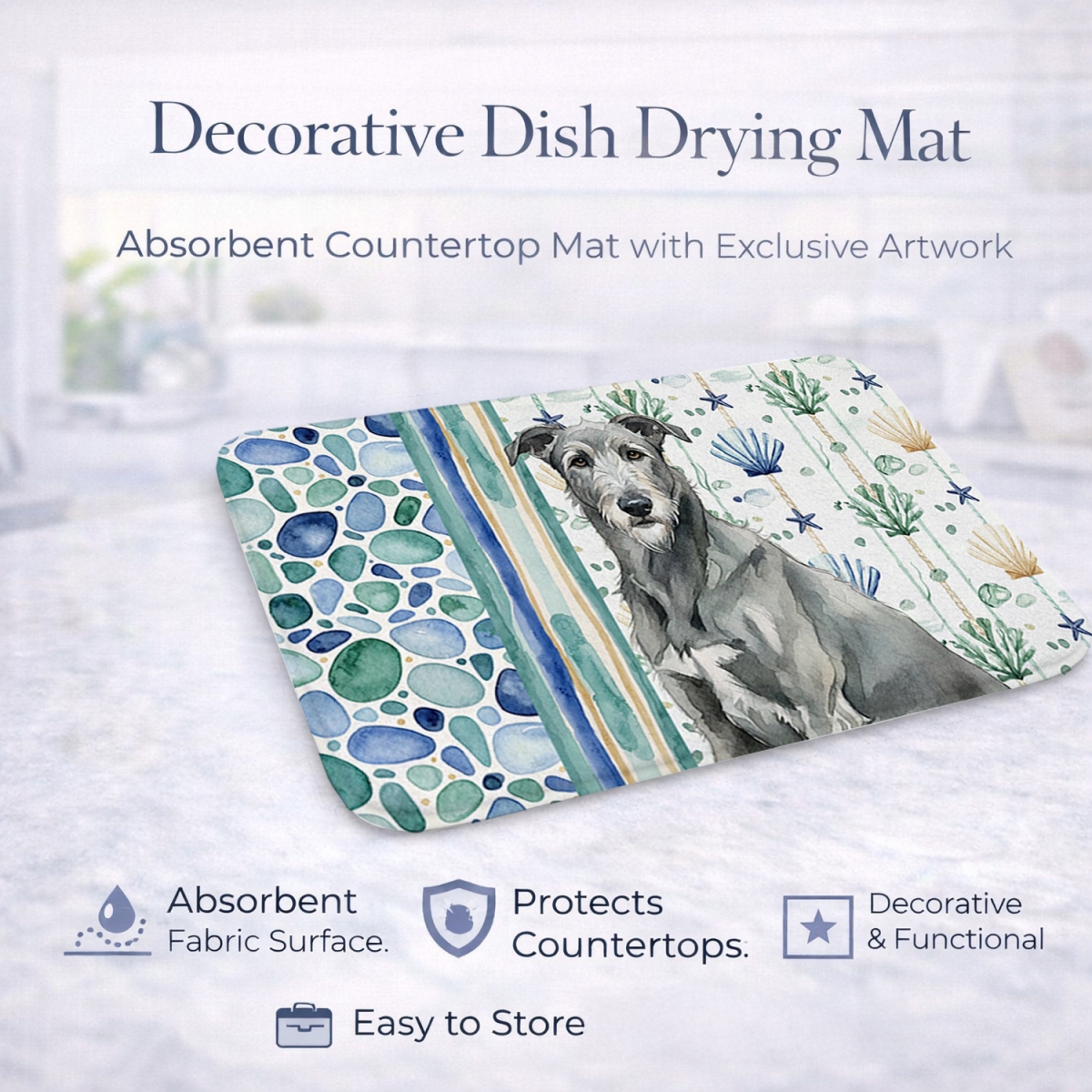 Picture of Carolines Treasures WDK7075DDM 21 x 14 in. Gray Irish Wolfhound Coastal Sea Glass Dish Drying Mat
