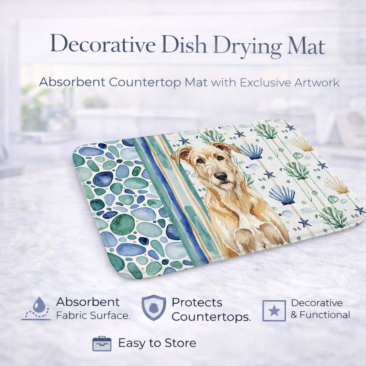 Picture of Carolines Treasures WDK7076DDM 21 x 14 in. Wheaten Irish Wolfhound Coastal Sea Glass Dish Drying Mat