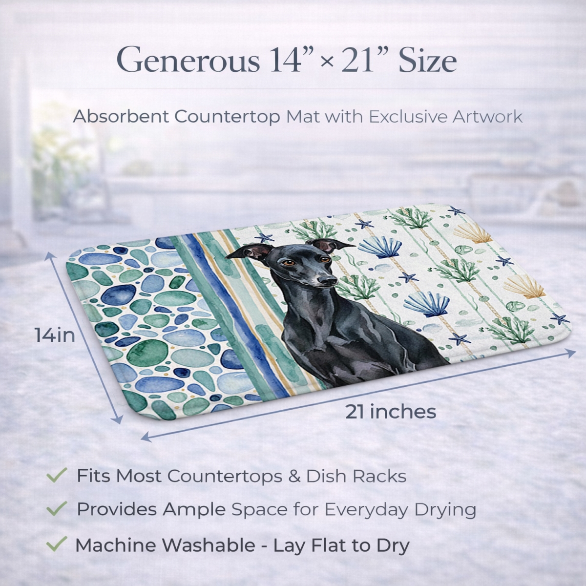 Picture of Carolines Treasures WDK7077DDM 21 x 14 in. Black Italian Greyhound Coastal Sea Glass Dish Drying Mat