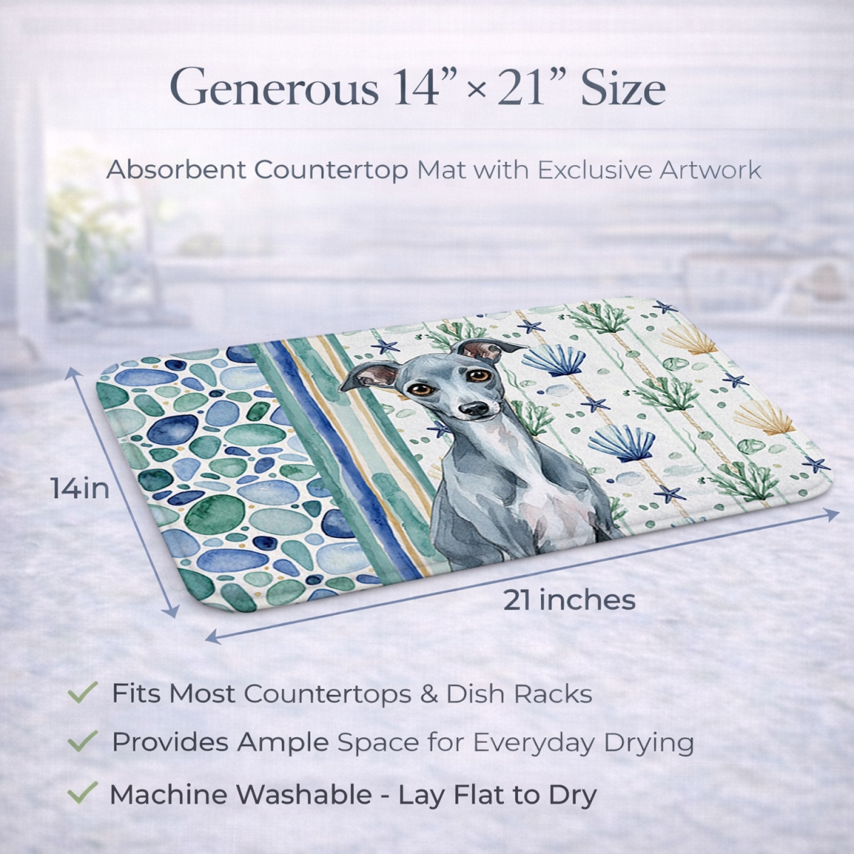 Picture of Carolines Treasures WDK7078DDM 21 x 14 in. Blue Italian Greyhound Coastal Sea Glass Dish Drying Mat