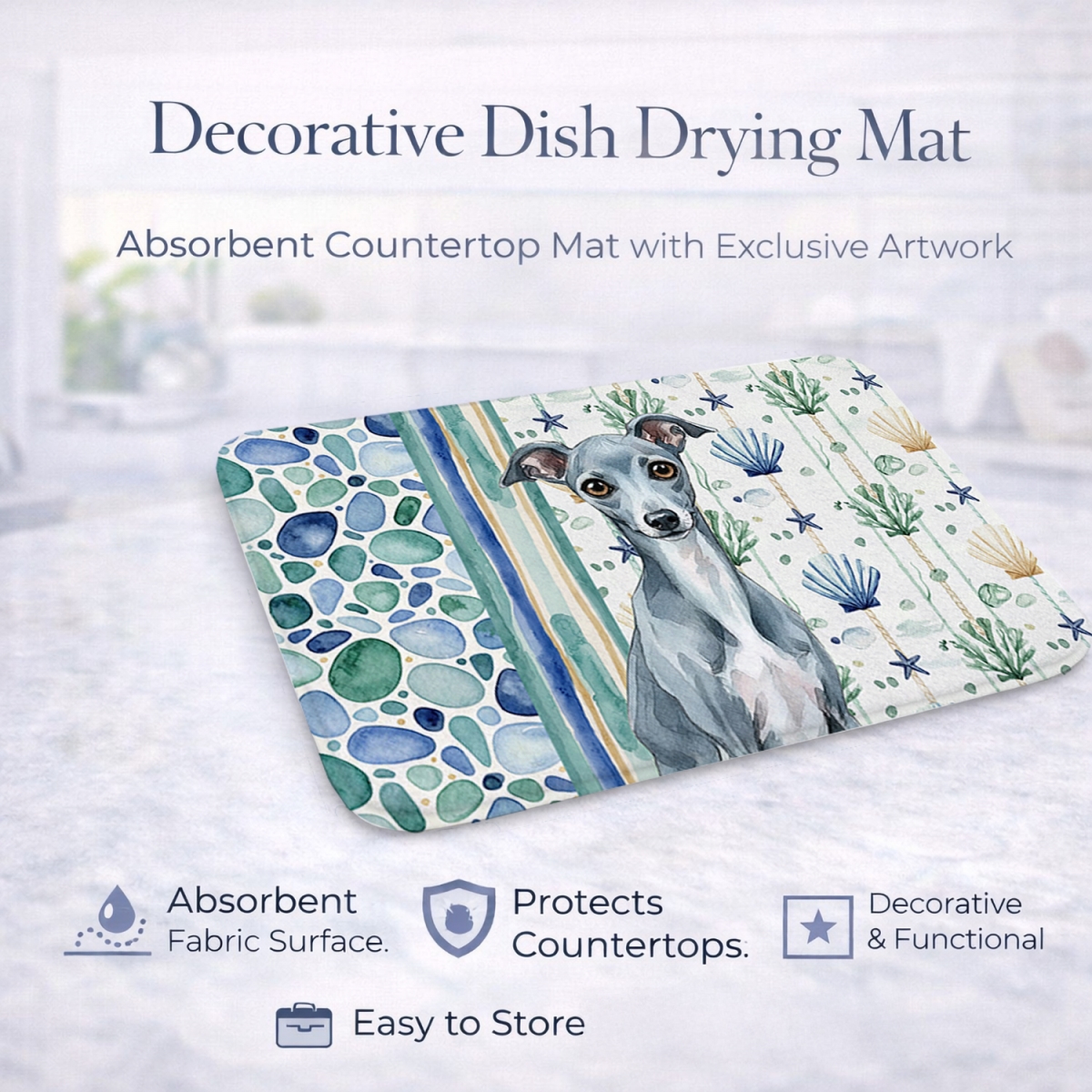 Picture of Carolines Treasures WDK7078DDM 21 x 14 in. Blue Italian Greyhound Coastal Sea Glass Dish Drying Mat