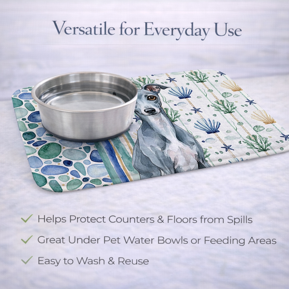 Picture of Carolines Treasures WDK7078DDM 21 x 14 in. Blue Italian Greyhound Coastal Sea Glass Dish Drying Mat
