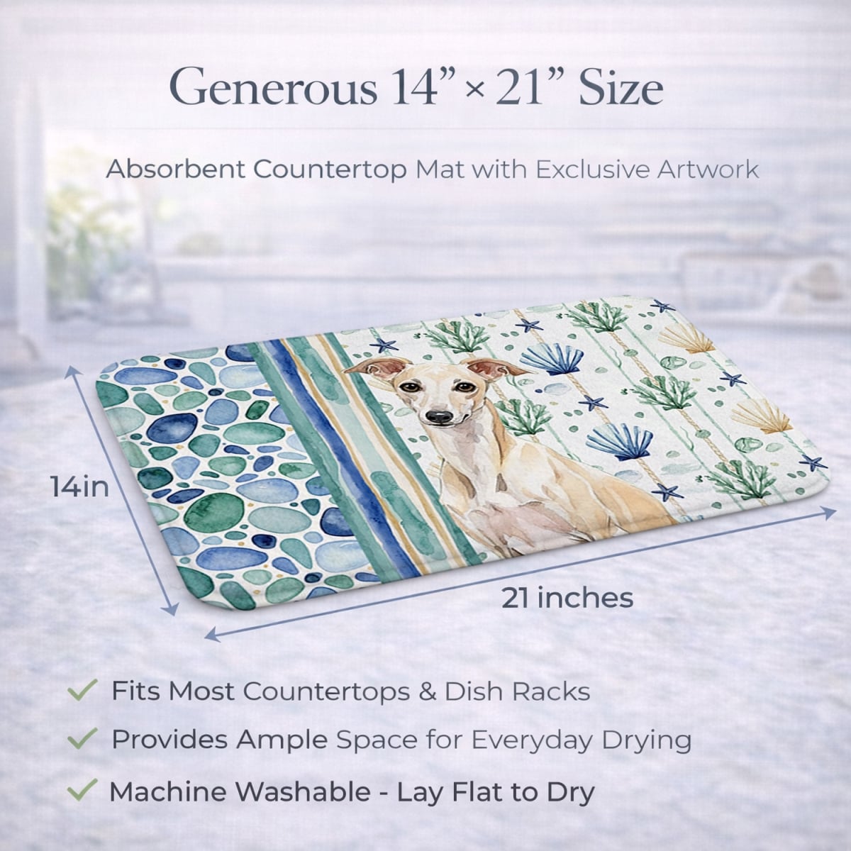 Picture of Carolines Treasures WDK7079DDM 21 x 14 in. Cream Italian Greyhound Coastal Sea Glass Dish Drying Mat