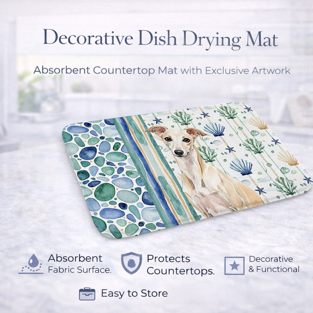 Picture of Carolines Treasures WDK7079DDM 21 x 14 in. Cream Italian Greyhound Coastal Sea Glass Dish Drying Mat