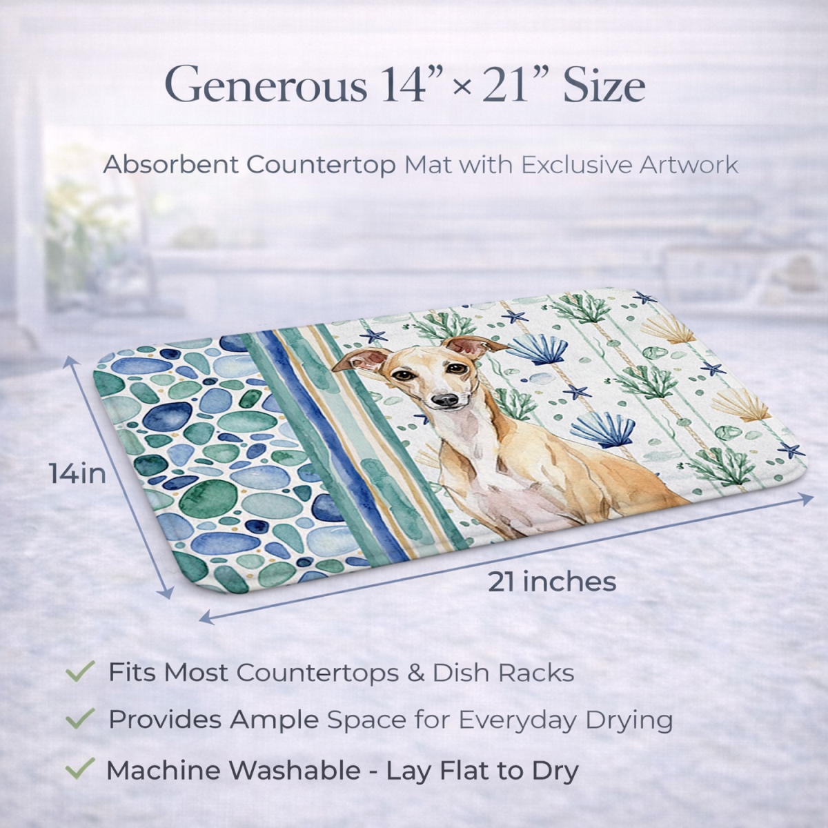 Picture of Carolines Treasures WDK7080DDM 21 x 14 in. Fawn Italian Greyhound Coastal Sea Glass Dish Drying Mat
