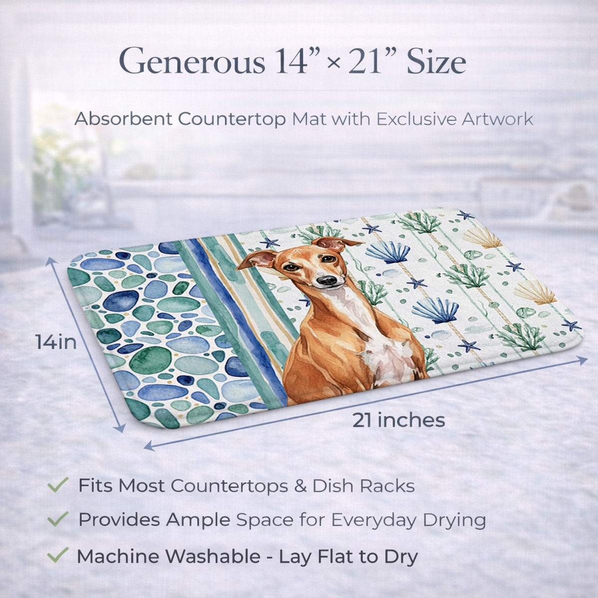 Picture of Carolines Treasures WDK7081DDM 21 x 14 in. Red Italian Greyhound Coastal Sea Glass Dish Drying Mat