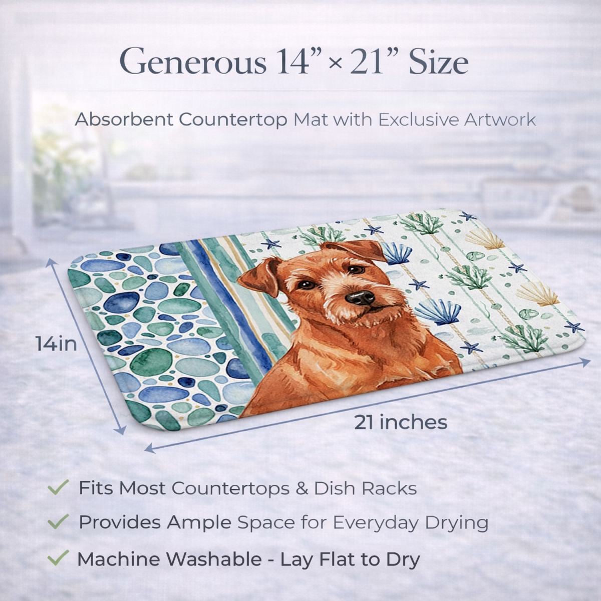 Picture of Carolines Treasures WDK7130DDM 21 x 14 in. Red Norfolk Terrier Coastal Sea Glass Dish Drying Mat