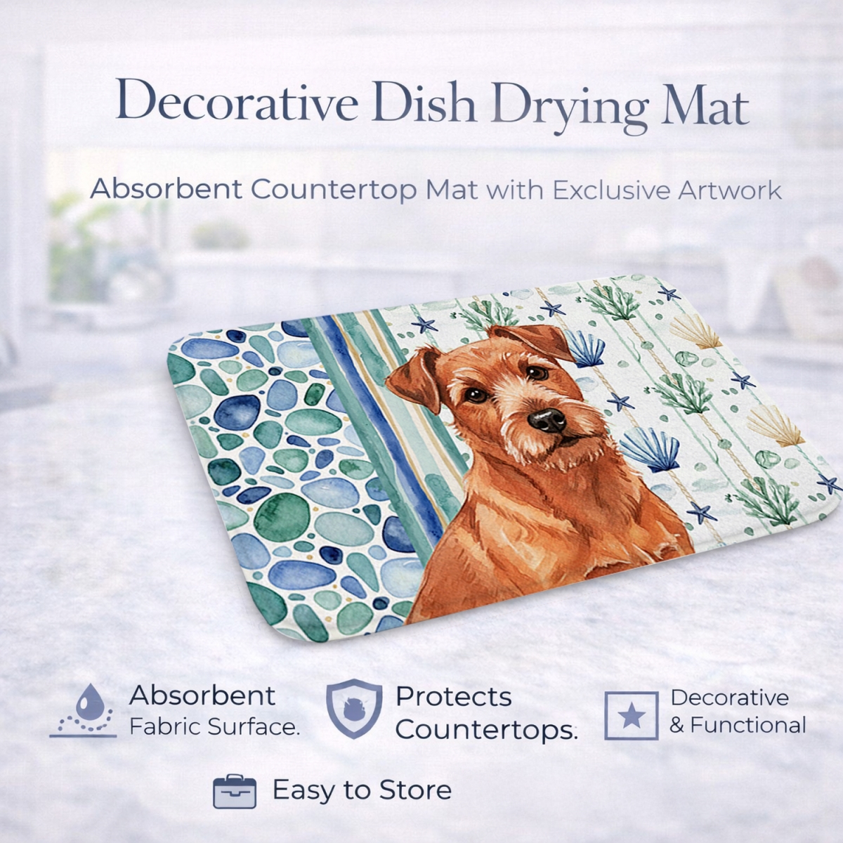Picture of Carolines Treasures WDK7130DDM 21 x 14 in. Red Norfolk Terrier Coastal Sea Glass Dish Drying Mat