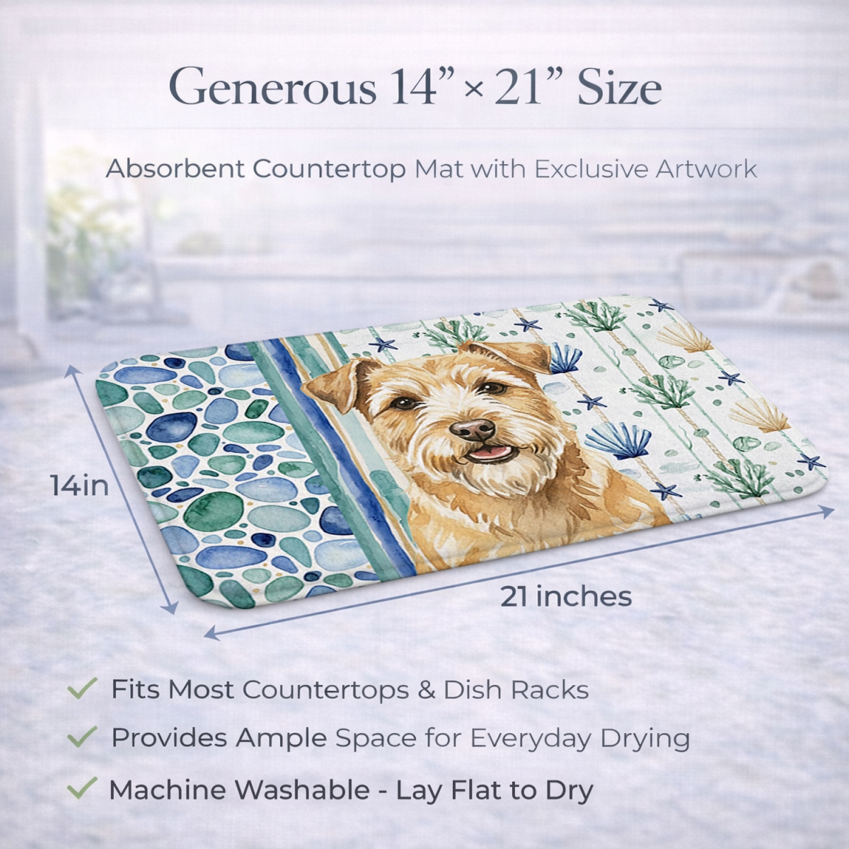 Picture of Carolines Treasures WDK7131DDM 21 x 14 in. Wheaten Norfolk Terrier Coastal Sea Glass Dish Drying Mat