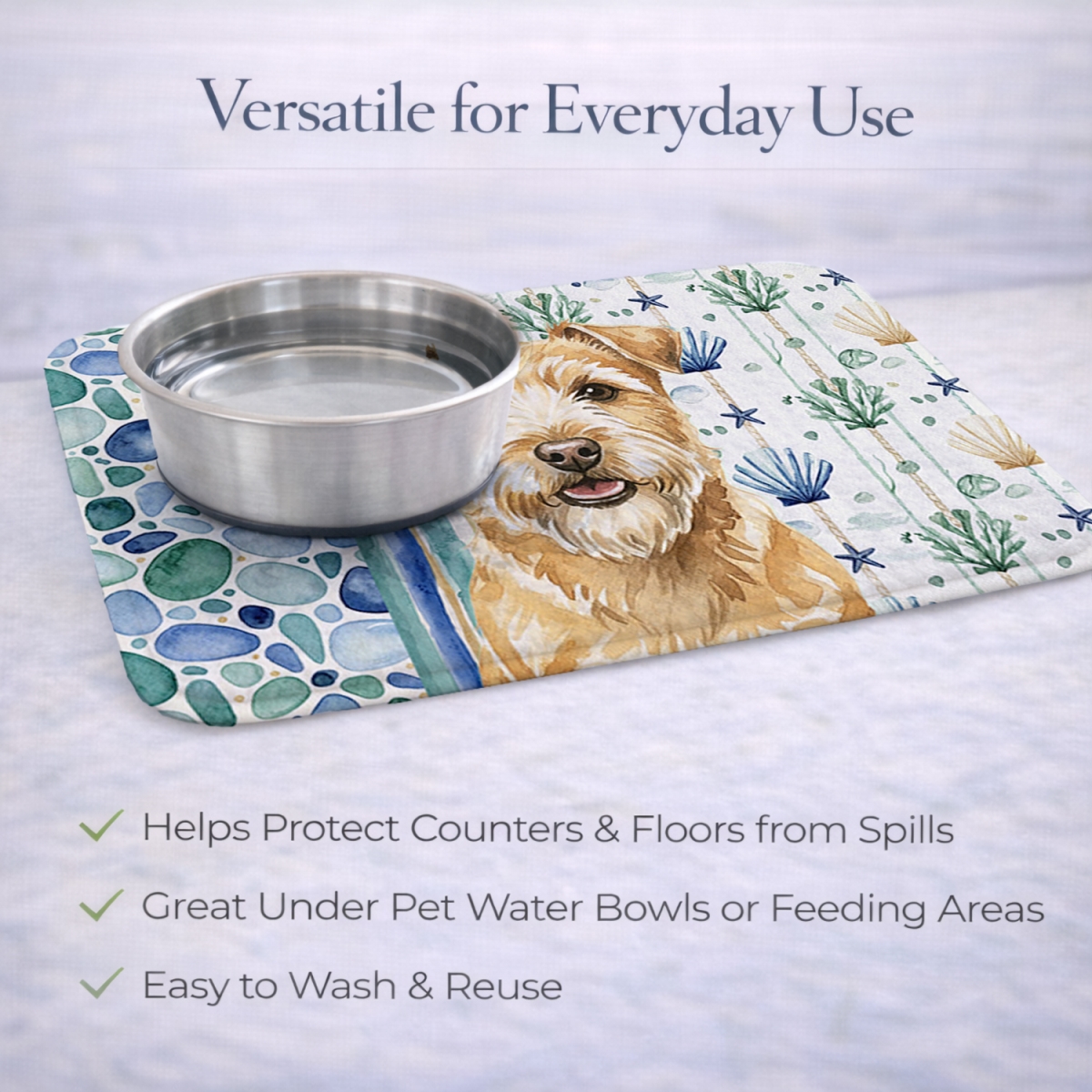 Picture of Carolines Treasures WDK7131DDM 21 x 14 in. Wheaten Norfolk Terrier Coastal Sea Glass Dish Drying Mat
