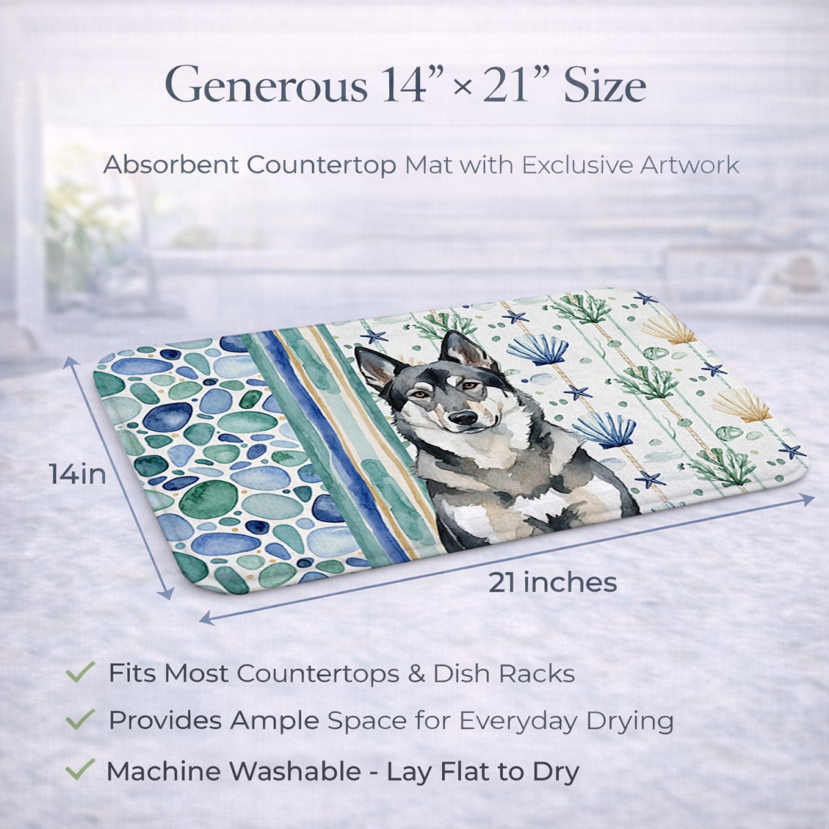Picture of Carolines Treasures WDK7132DDM 21 x 14 in. Norwegian Elkhound Coastal Sea Glass Dish Drying Mat