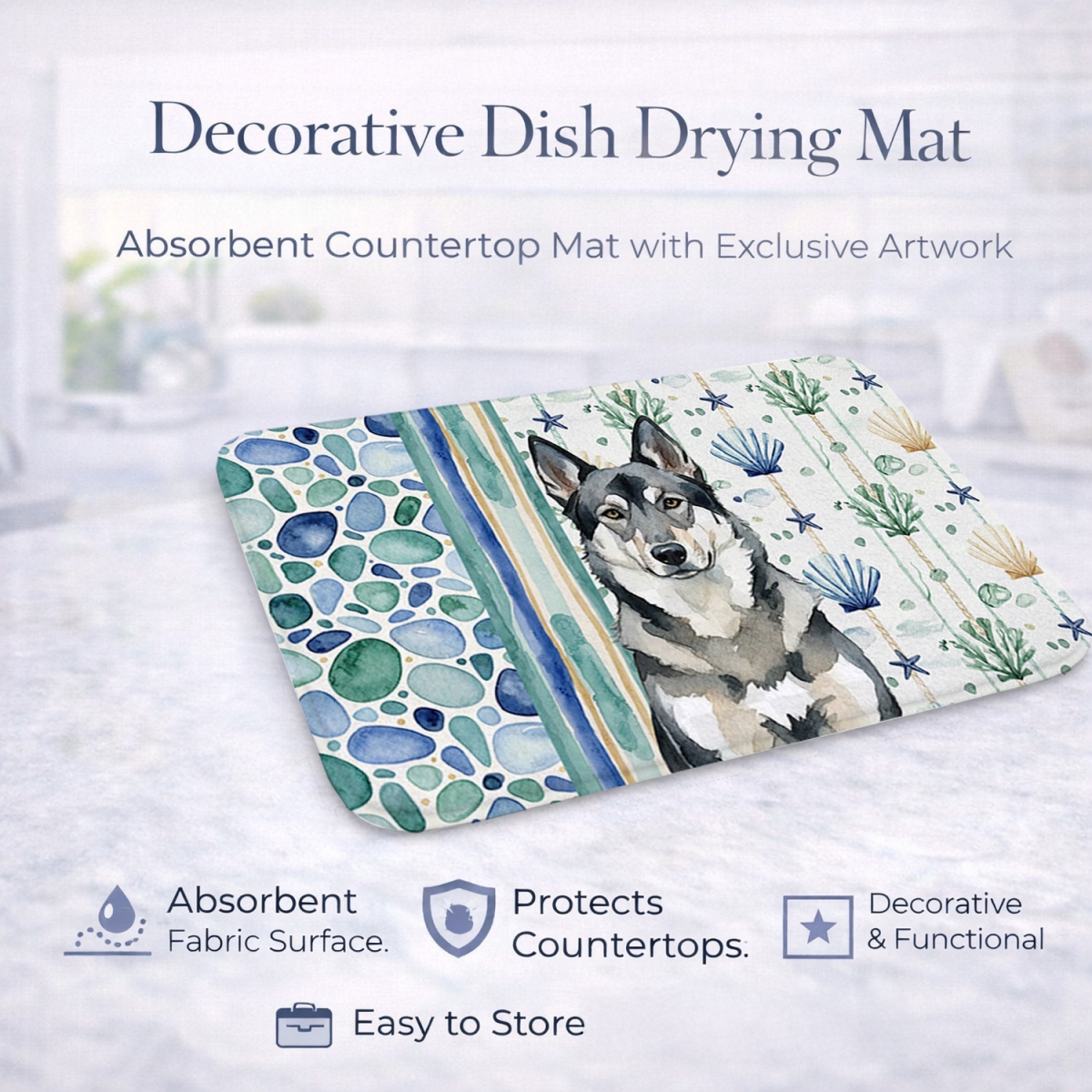 Picture of Carolines Treasures WDK7132DDM 21 x 14 in. Norwegian Elkhound Coastal Sea Glass Dish Drying Mat
