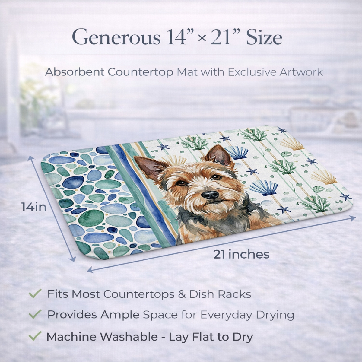 Picture of Carolines Treasures WDK7133DDM 21 x 14 in. Norwich Terrier Coastal Sea Glass Dish Drying Mat