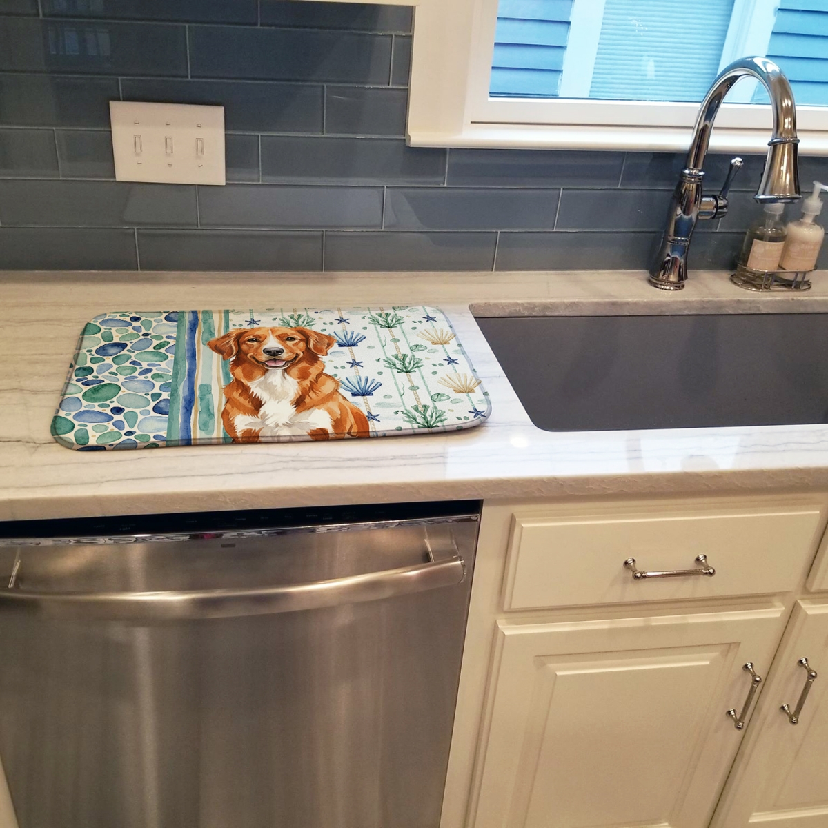 Picture of Carolines Treasures WDK7135DDM 21 x 14 in. Orange Nova Scotia Duck Tolling Retriever Coastal Sea Glass Dish Drying Mat
