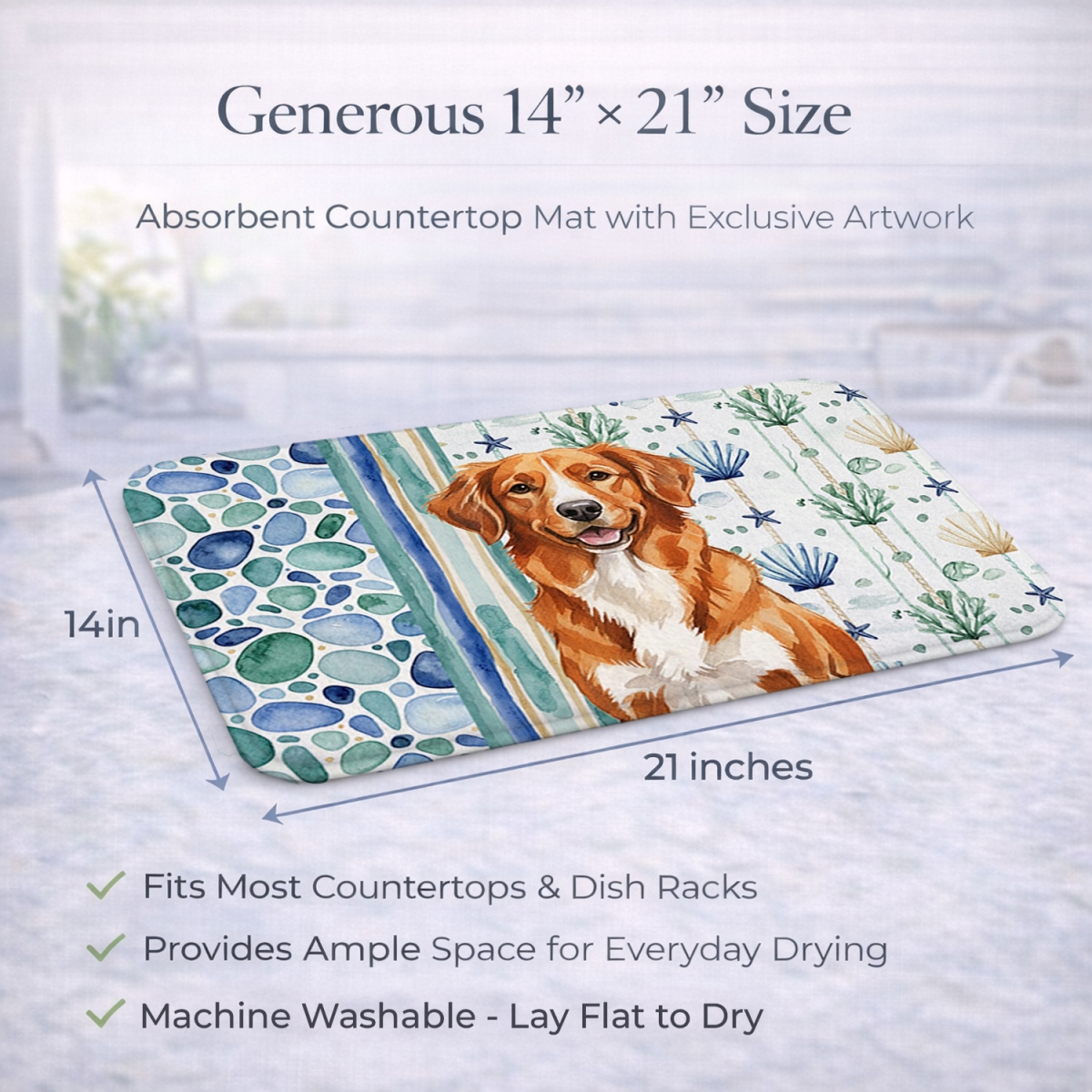 Picture of Carolines Treasures WDK7135DDM 21 x 14 in. Orange Nova Scotia Duck Tolling Retriever Coastal Sea Glass Dish Drying Mat