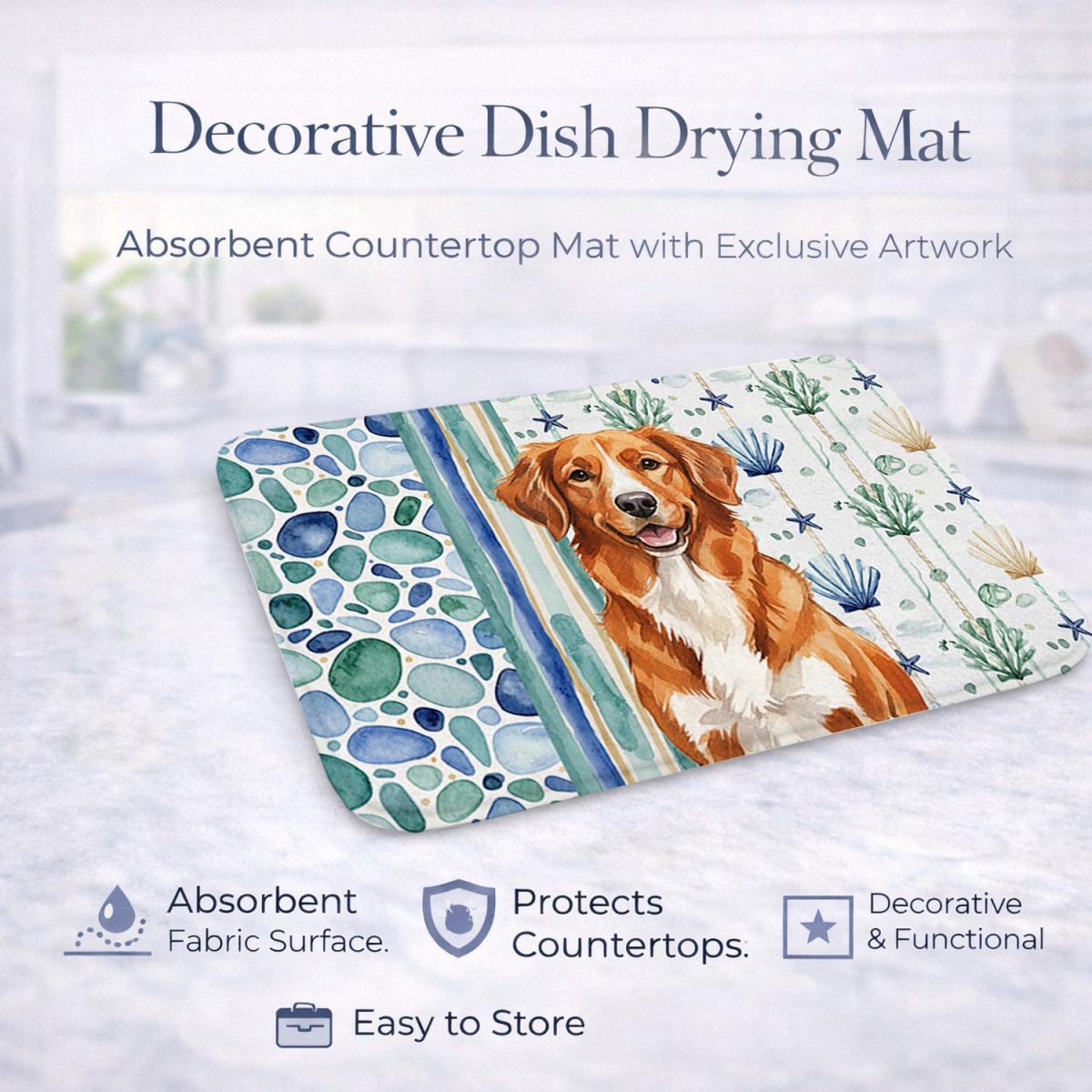 Picture of Carolines Treasures WDK7135DDM 21 x 14 in. Orange Nova Scotia Duck Tolling Retriever Coastal Sea Glass Dish Drying Mat