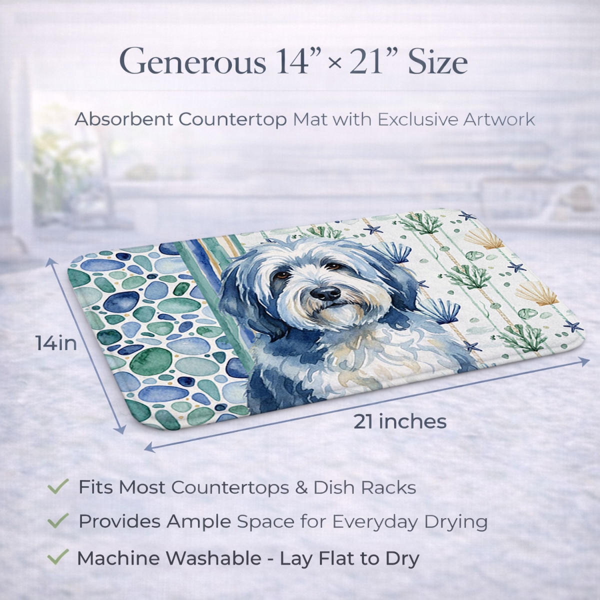 Picture of Carolines Treasures WDK7136DDM 21 x 14 in. Blue & White Old English Sheepdog Coastal Sea Glass Dish Drying Mat