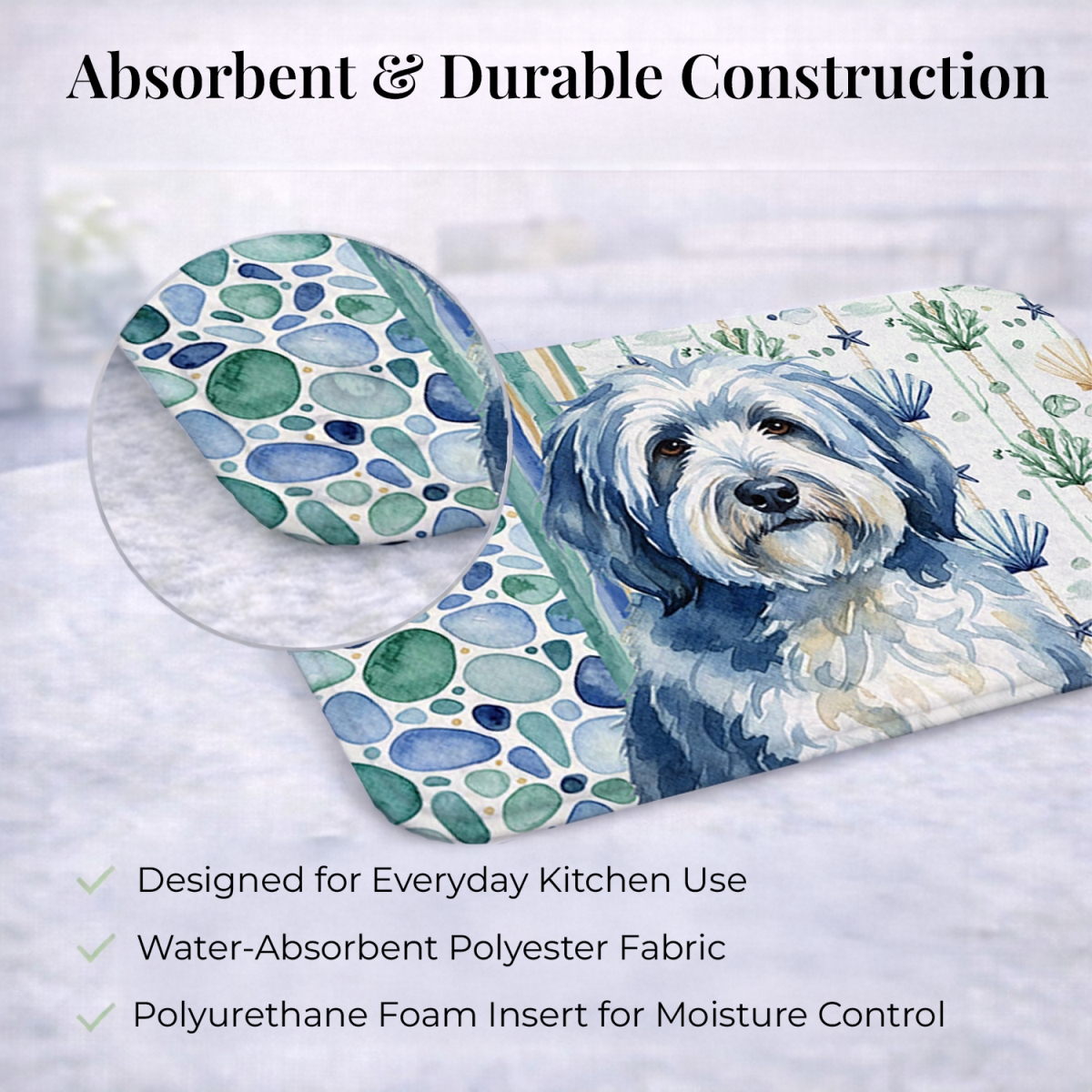 Picture of Carolines Treasures WDK7136DDM 21 x 14 in. Blue & White Old English Sheepdog Coastal Sea Glass Dish Drying Mat
