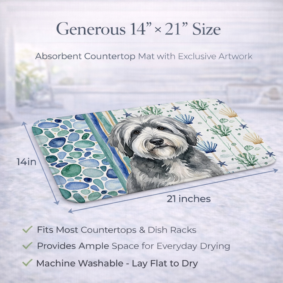 Picture of Carolines Treasures WDK7137DDM 21 x 14 in. Gray & White Old English Sheepdog Coastal Sea Glass Dish Drying Mat