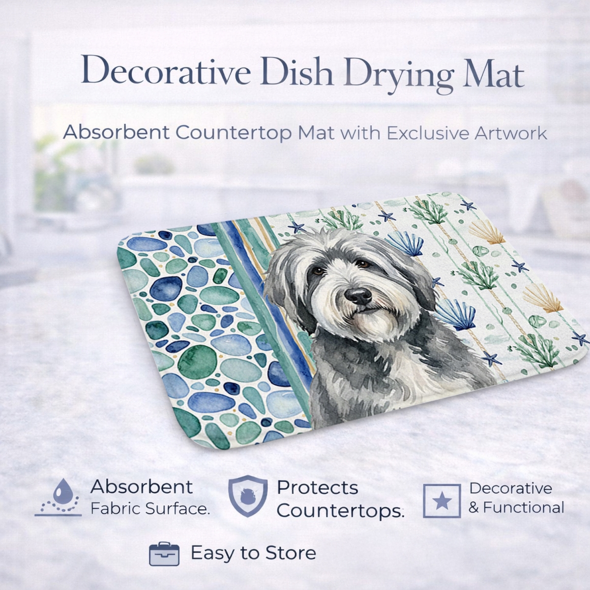 Picture of Carolines Treasures WDK7137DDM 21 x 14 in. Gray & White Old English Sheepdog Coastal Sea Glass Dish Drying Mat