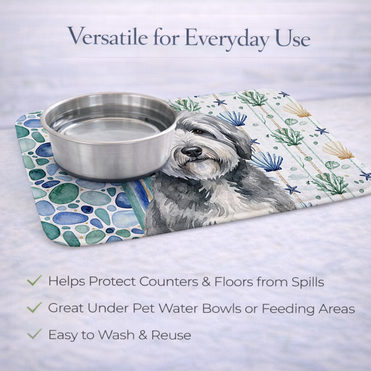 Picture of Carolines Treasures WDK7137DDM 21 x 14 in. Gray & White Old English Sheepdog Coastal Sea Glass Dish Drying Mat