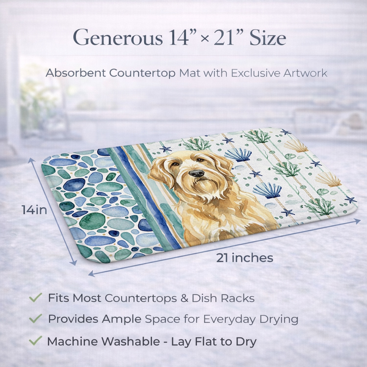 Picture of Carolines Treasures WDK7140DDM 21 x 14 in. Wheaten & Tan Otterhound Coastal Sea Glass Dish Drying Mat