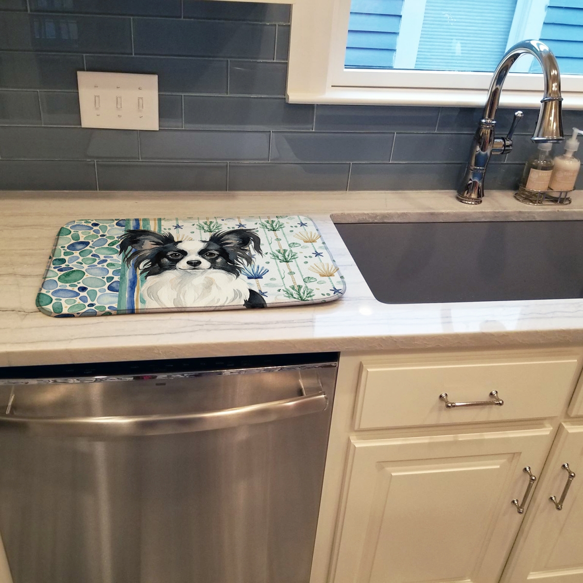 Picture of Carolines Treasures WDK7141DDM 21 x 14 in. Black & White Papillon Coastal Sea Glass Dish Drying Mat